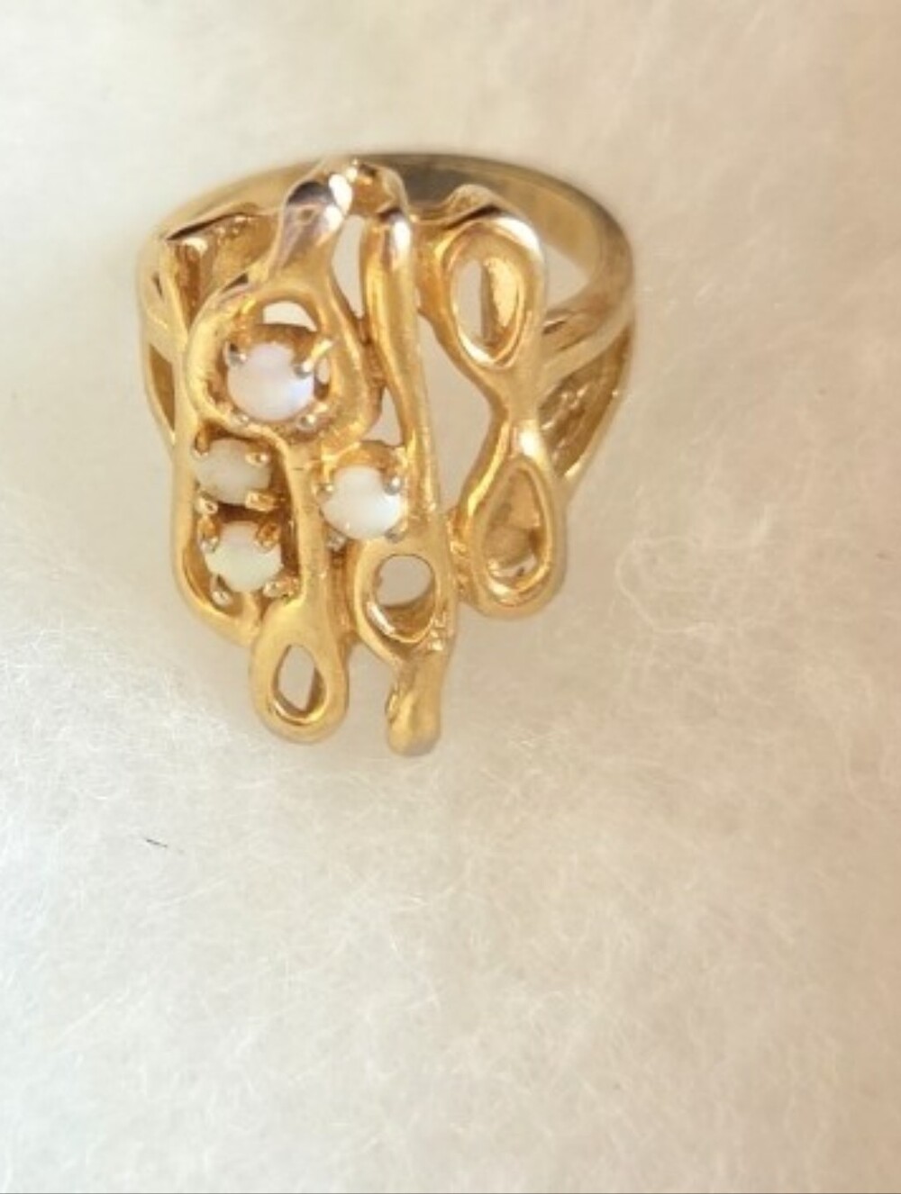 7.5" Unique Vintage Gold Tone Openwork Ring with White Cabochons